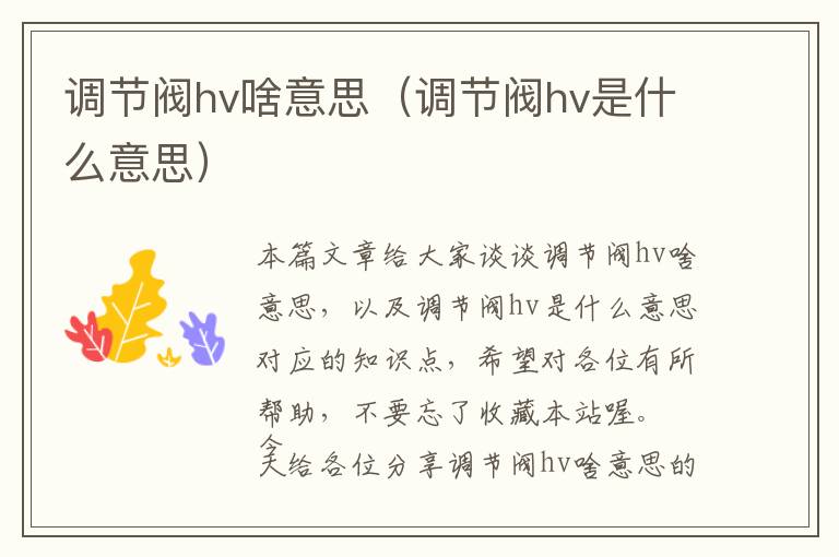 调节阀hv啥意思（调节阀hv是什么意思）