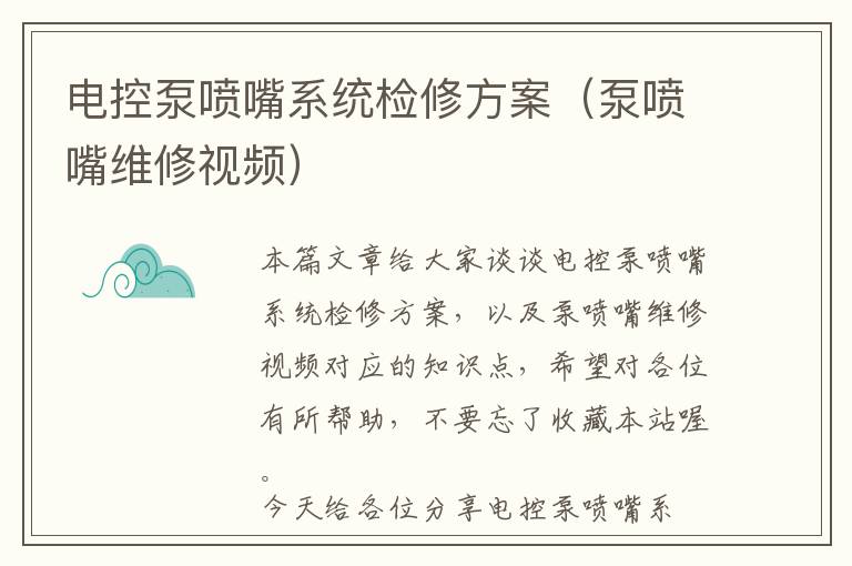 电控泵喷嘴系统检修方案（泵喷嘴维修视频）